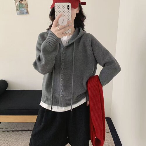秋冬2026新款韩版宽松休闲百搭连帽针织开衫女感小众毛衣外1008d
