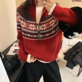 2025秋冬季 费尔岛百搭休闲保暖半拉链毛衣外套 宽松时尚 新款 女韩版