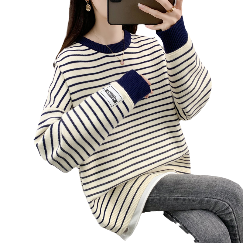 套头条纹毛衣女2025秋冬季新款内搭外穿中长款宽松慵懒风针织上衣