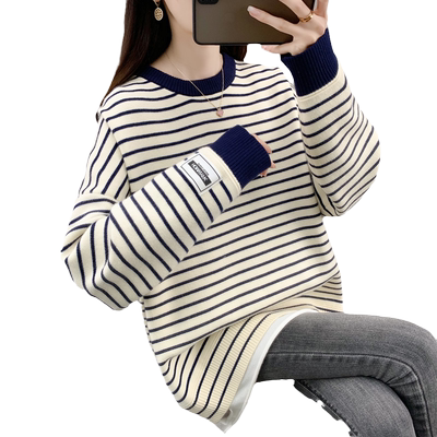 针织套头圆领宽松条纹毛衣慵懒风