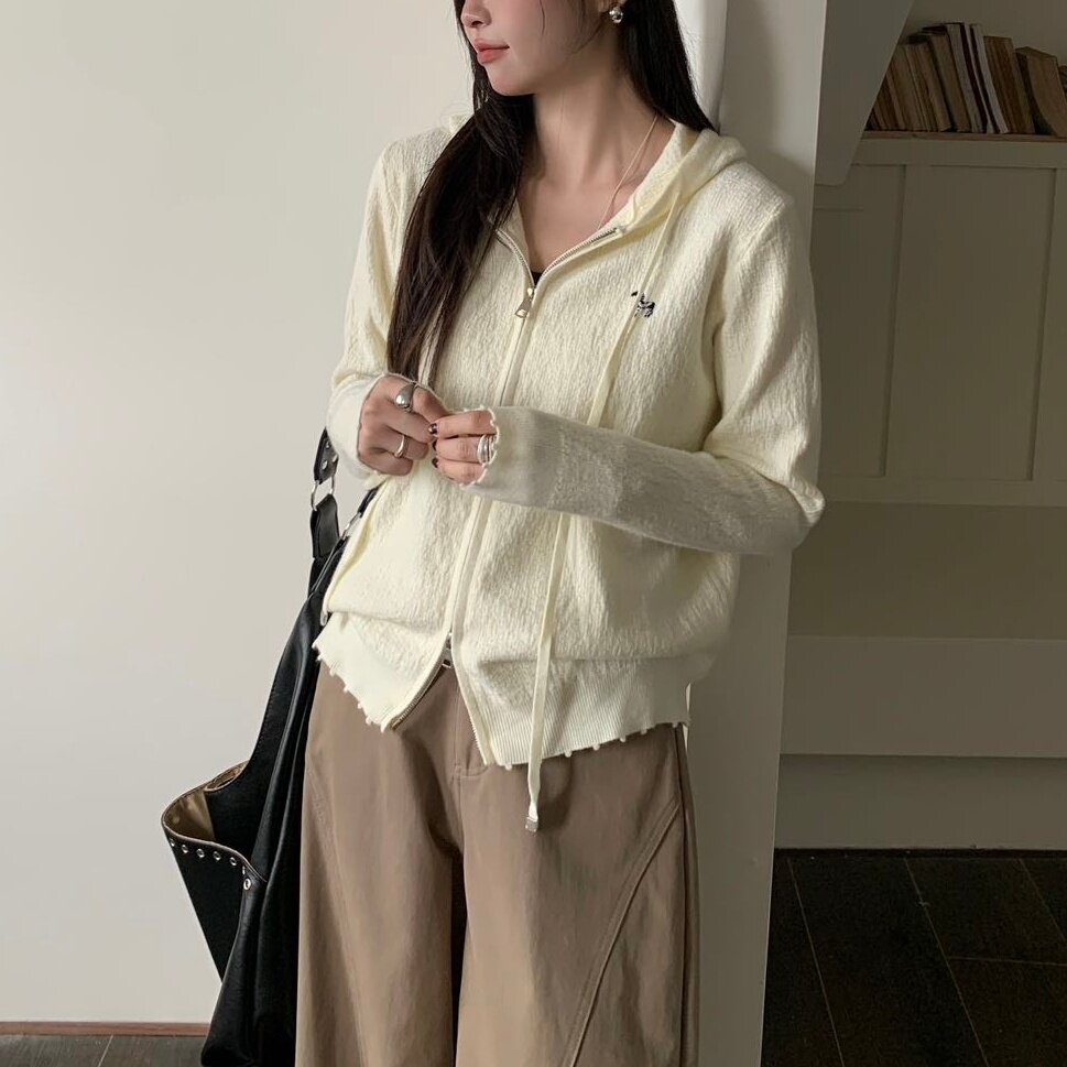 休闲系带连帽针织衫开衫宽松双拉链帽衫春秋季长袖毛衣外套女薄款