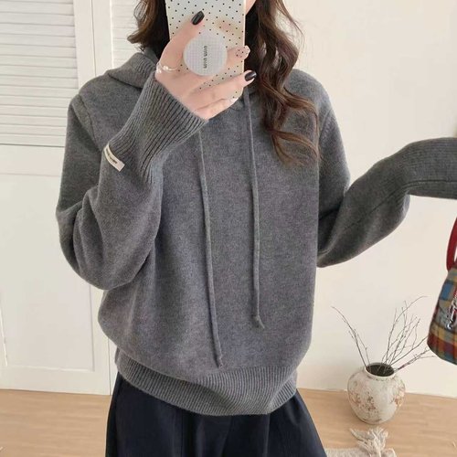短款时尚长袖针织连帽套头毛衣女
