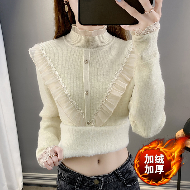 洋气内搭蕾丝拼接一体绒毛衣