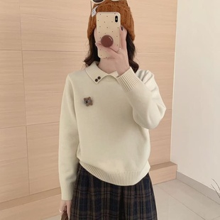 polo领纯色针织线衫 宽松时尚 百搭休闲保暖毛衣外套 女韩版 秋冬新款