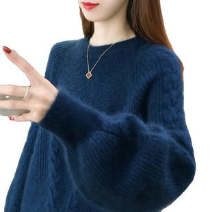 麻花套头毛衣女宽松外穿2026秋冬新款慵懒风灯笼袖针织打底衫加厚
