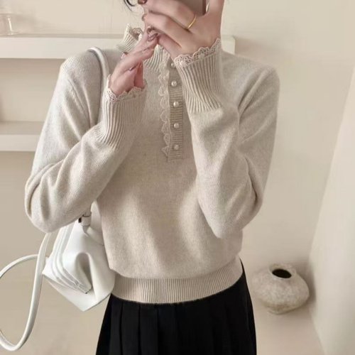 拼接花边蕾丝领针织打底毛衣洋气