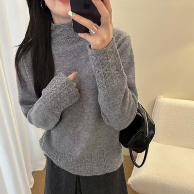 秋冬女士加厚半高领灰色毛衣宽松