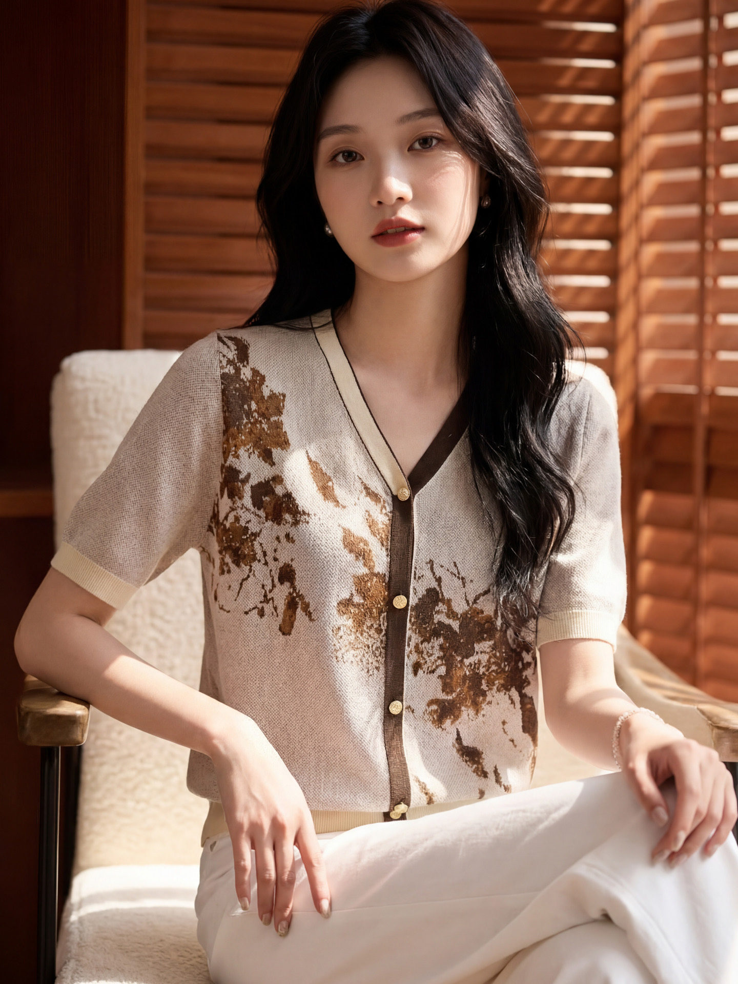 2026新款莱赛尔短袖针织衫女复古提花夏装吸湿透气V领T恤