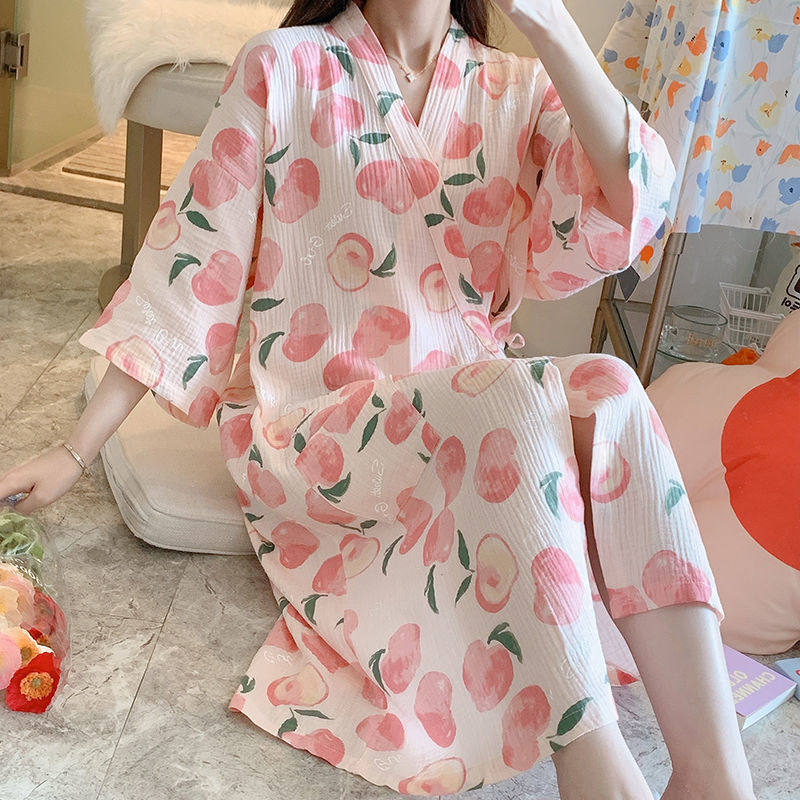 夏天睡裙女夏季纯棉纱布和服睡袍亲子家庭装
