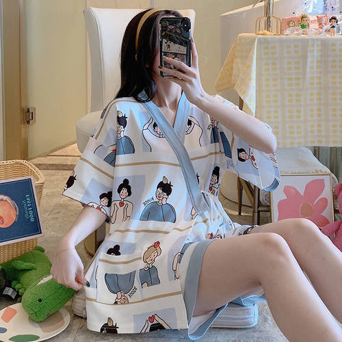 日系和服女短袖短裤套装甜美夏天纯棉睡衣两件套薄款卡通家居服夏