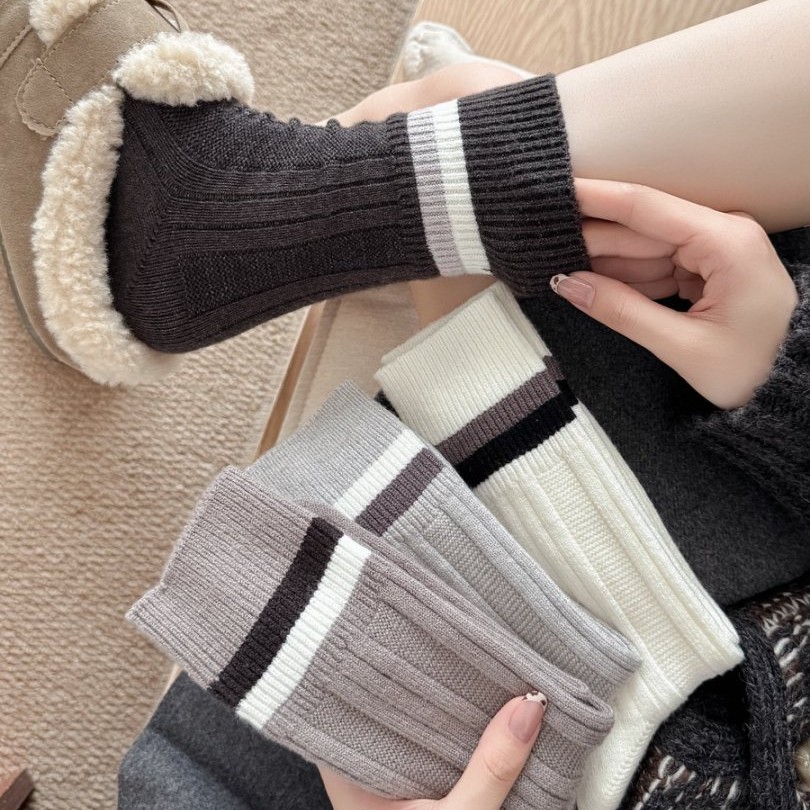 两条杠袜子女加厚双罗口羊毛袜保暖防寒简约韩系女袜中筒袜秋冬季