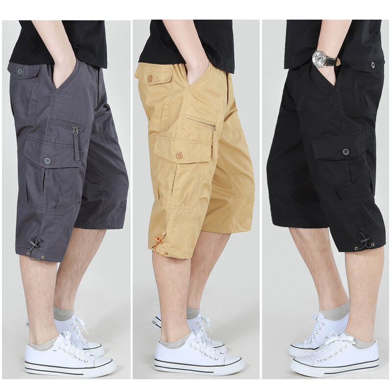 夏季中老年春秋工装裤男七分裤户外薄款大码宽松多口袋工装短裤子