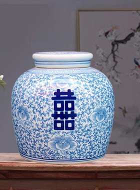 景德镇仿古青花陶瓷釉里红双喜设计师家居摆件储物罐茶叶罐将军罐