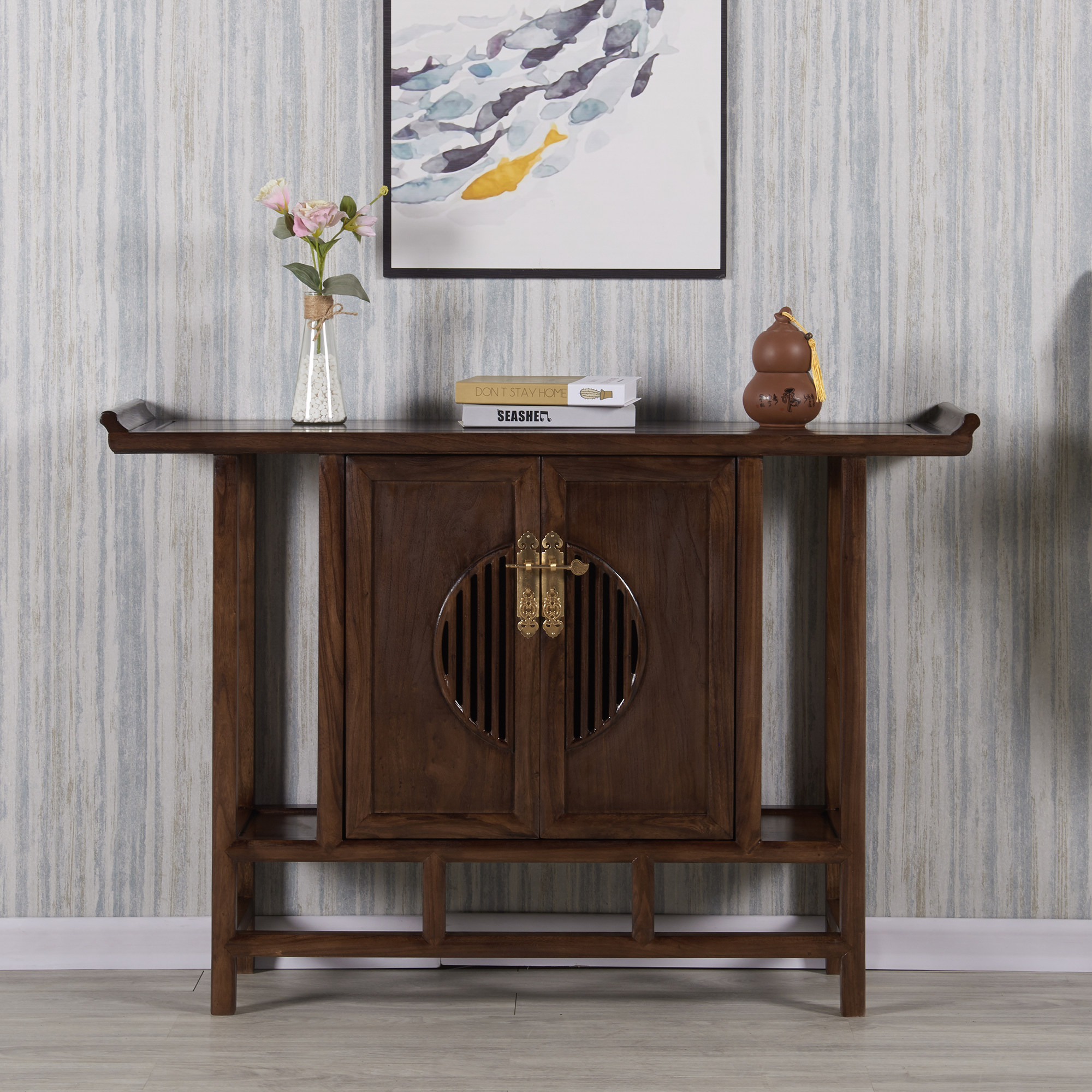 新中式玄关柜黑胡桃木酒柜现代玄关实木简约门厅供桌老榆��装饰柜