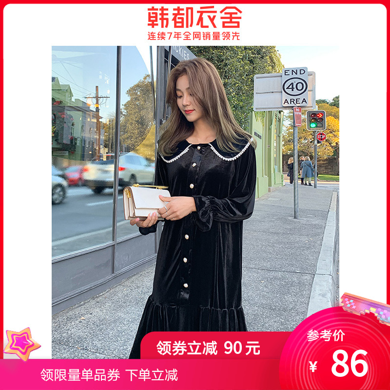 韩都衣舍2020秋季复古网红时尚优雅冷淡黑色裙子连衣裙PT9152禧