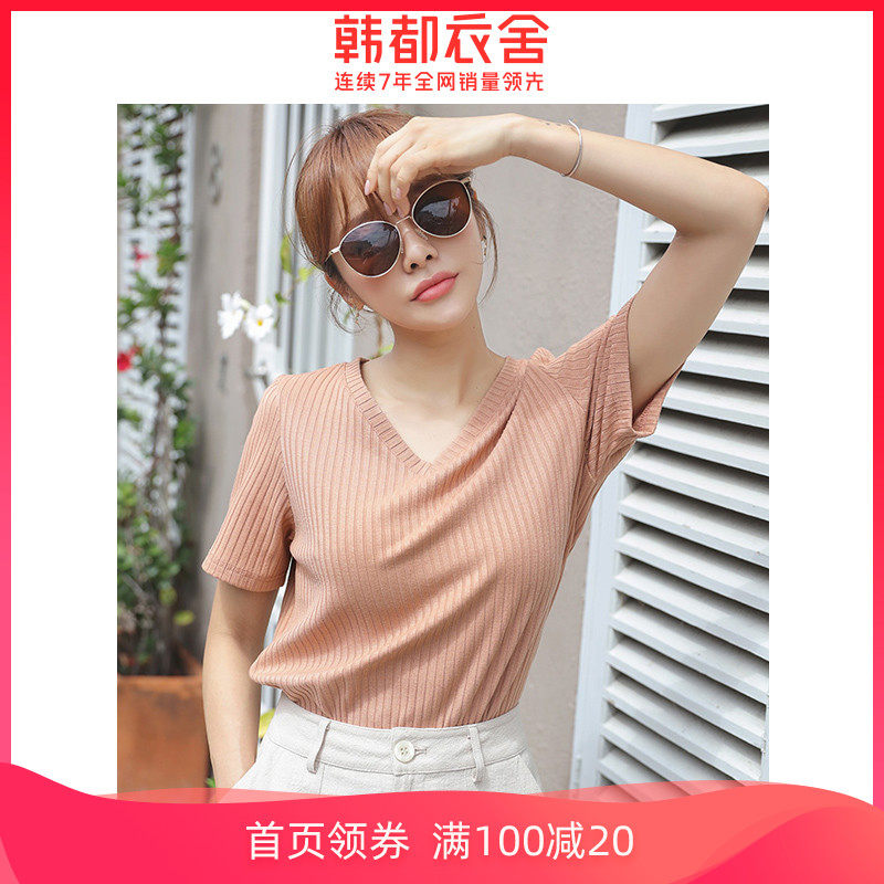 韩都衣舍2020夏装新款女装上衣打底体桖V领纯色短袖T恤JZ11209瑭