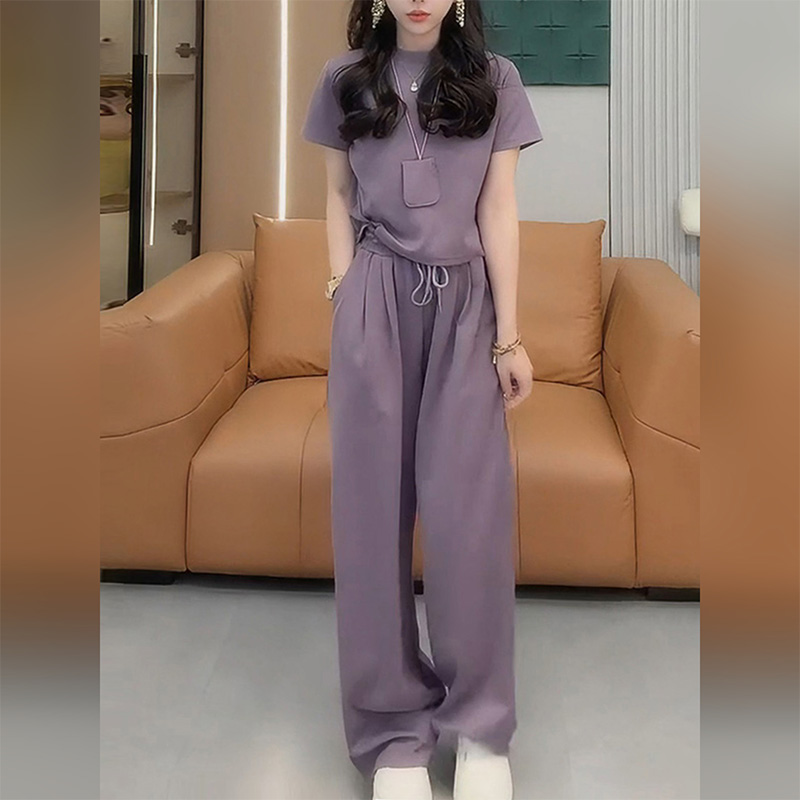 紫色运动休闲套装女夏季2025新款时尚百搭薄款短袖上衣宽松阔腿裤