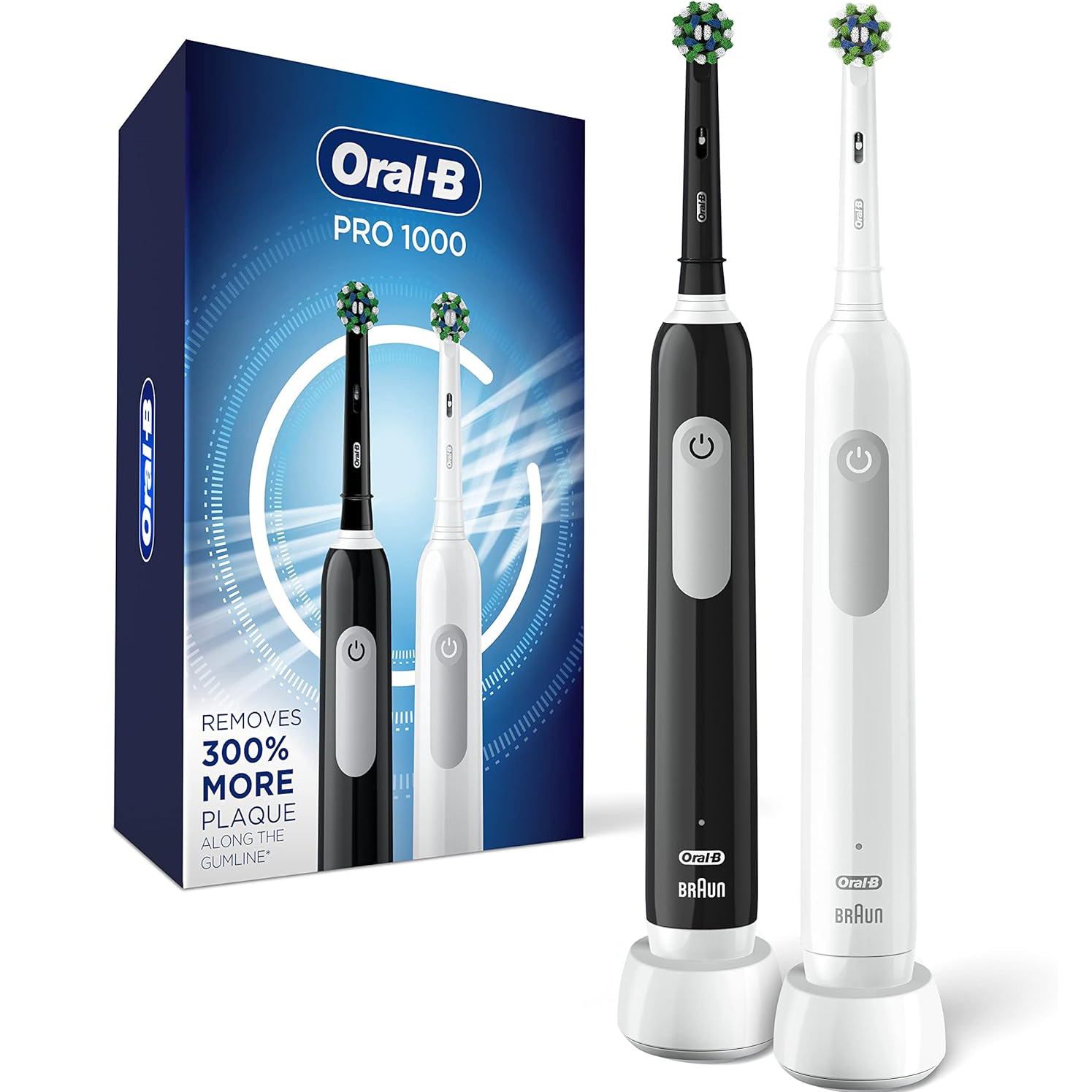 美国直邮Oral-B Pro 1000 CrossAction可充电电动牙刷黑白双2支装