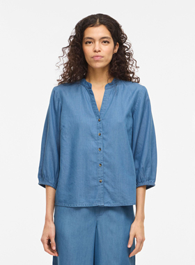 夏季女士牛仔衬衣圆领中袖纯天丝清爽透气垂感强合肩宽松莱赛尔