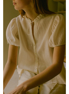 100%亚麻女士法式衬衣泡泡短袖系带宽松折花领薄亚麻透气清爽宽松