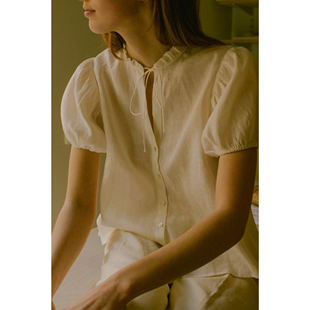 100%亚麻女士法式 系带宽松折花领薄亚麻透气清爽宽松 衬衣泡泡短袖