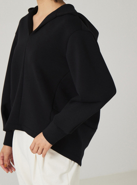 初春女士带帽卫衣V领针织有机棉弹力带全棉绒毛前短后长亲肤保暖