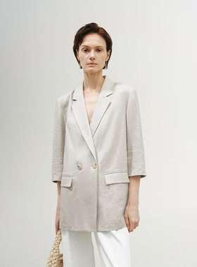 女士纯汉麻中袖西装外套带有机棉内衬17支100%大麻吸湿透气抗菌