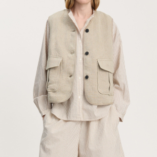 春夏新款 女士亚麻马夹100%有机雨露麻5支加厚肉感宽松吸湿透气