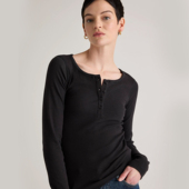 女士亨利领长袖 T恤上衣修身 针织螺纹有机棉半开襟高弹运动瑜伽