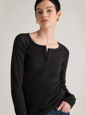 女士亨利领长袖T恤上衣修身针织螺纹有机棉半开襟高弹运动瑜伽