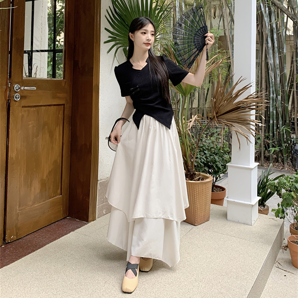 大码女装夏季中式国风套装不规则短袖上衣+双层松紧腰半身裙百搭