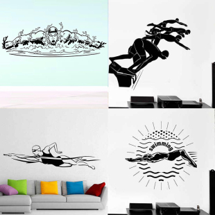 游泳贴画Swim高台跳水墙贴夏天水上运动贴纸水球玻璃贴健身房装 饰