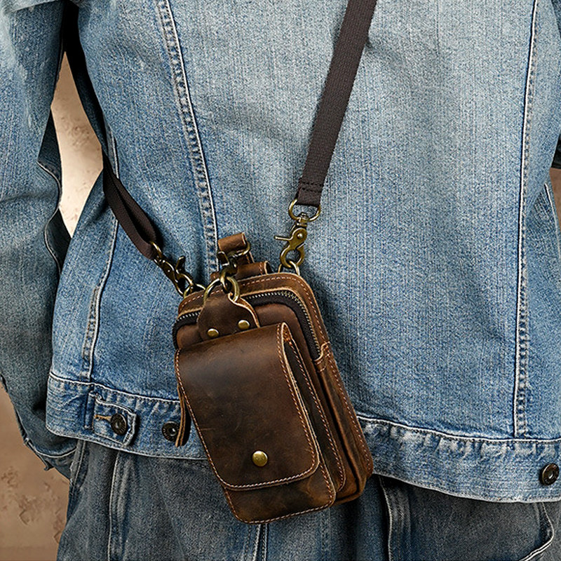 7寸新款真皮工地干活穿皮带腰包男士疯马牛皮斜挎手机包竖款迷你