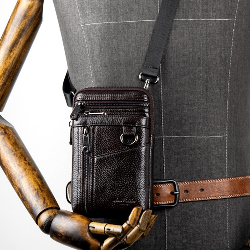 头层牛皮男士斜挎手机包真皮腰包男款背包穿皮带多口袋老人小挎包