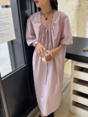 sanbara韩国简约抽褶U领短袖 显瘦长裙子 法式 连衣裙女2024夏季 新款