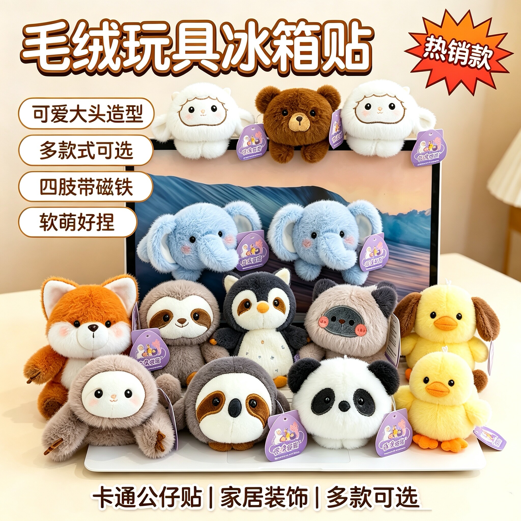 可爱软萌毛绒卡通冰箱贴公仔