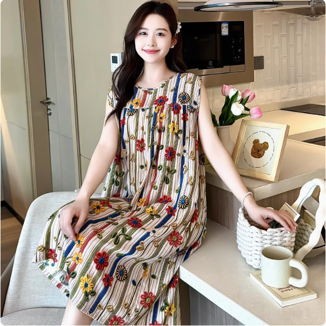 蝙蝠袖睡裙女士夏棉绸连衣裙睡衣裙碎花大码女生家居服薄款可外穿