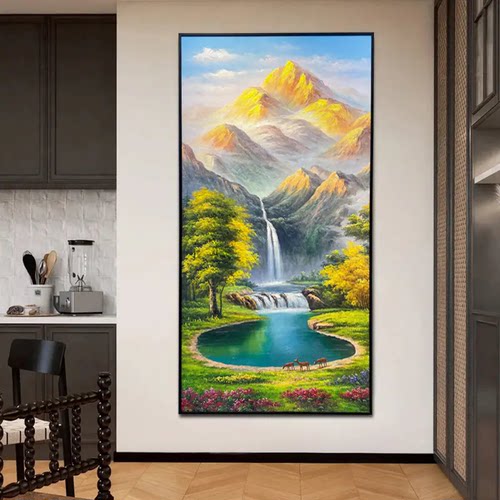 大尺寸金山福禄玄关装饰油画聚宝盆入户走廊复刻手绘肌理画挂画