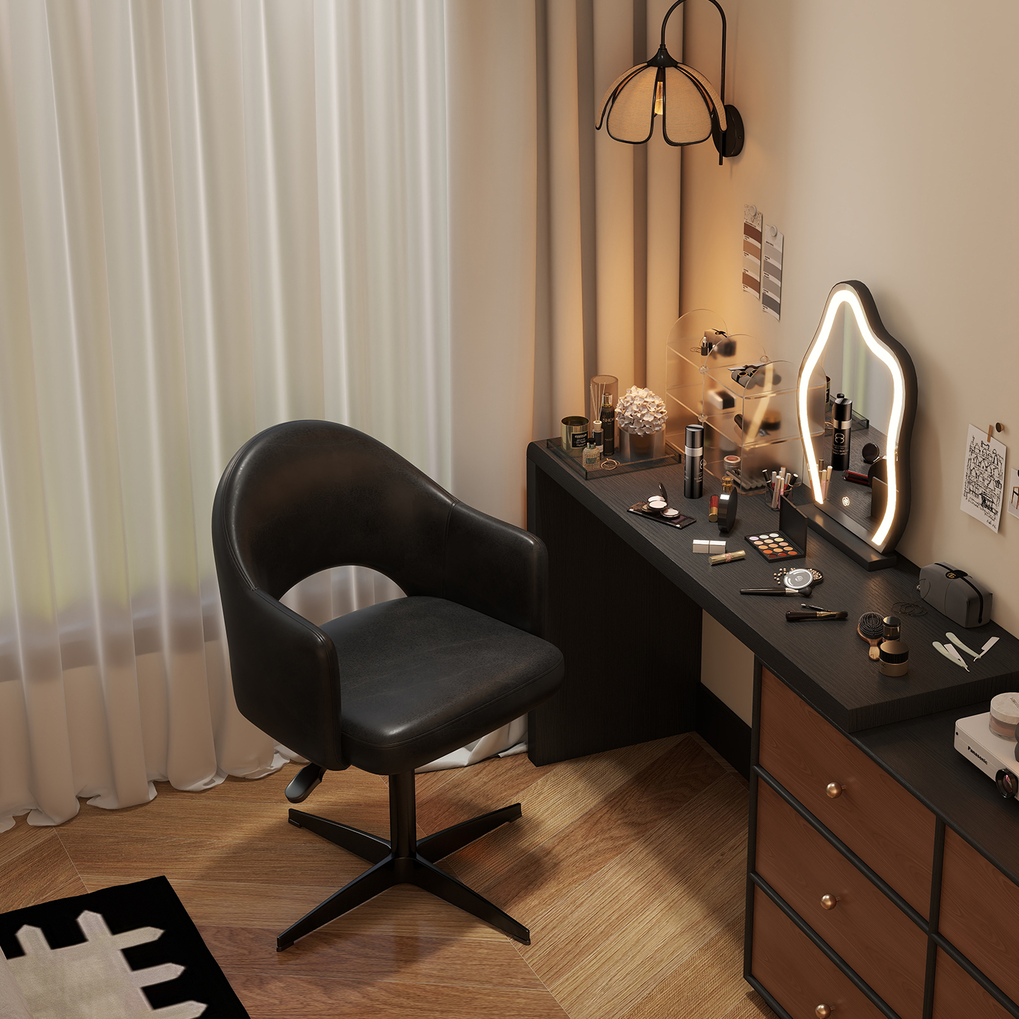 家用卧室化妆椅衣帽间化妆台凳子中古风靠背电脑椅可升降美甲转椅