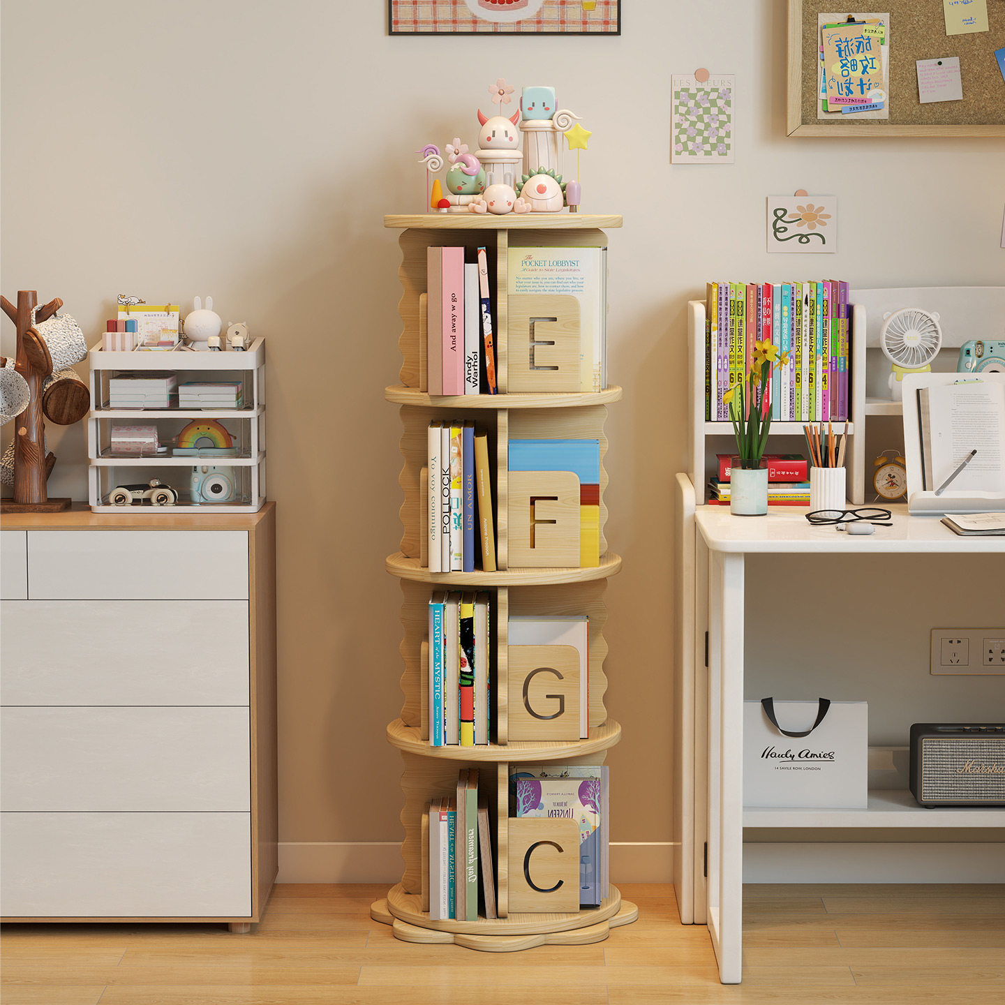 旋转书架儿童书柜落地实木绘本架360度家用卧室学创意置物架书架