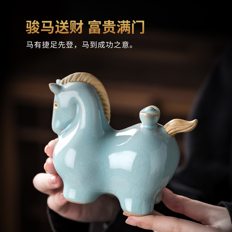 马上有钱汝窑茶宠可养开片马摆件