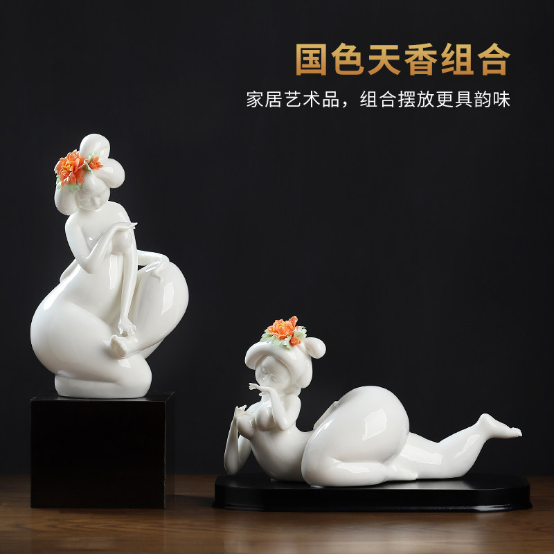 东方泥土《国色天香》德化白瓷陶瓷美女雕塑工艺品 家居客厅摆件