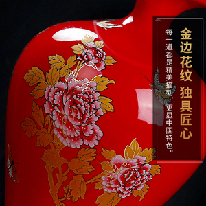 东方泥土 陶瓷富贵红瓷瓶摆件 中式古典家居客厅桌面花瓶/美人瓶