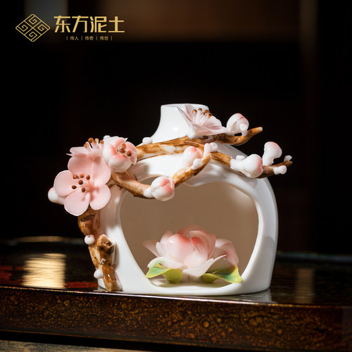 东方泥土陶瓷手捏花梅花瓶摆件