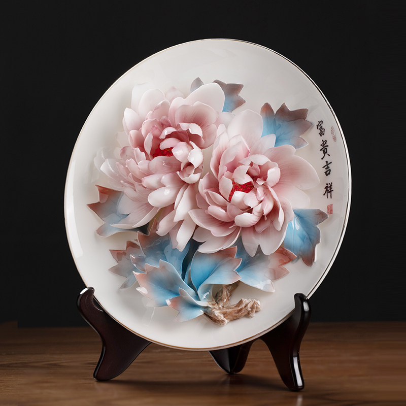 东方泥土新中式陶瓷手工牡丹挂盘客厅酒柜博古架摆件乔迁新居礼品