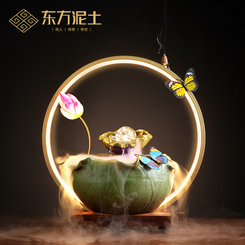 东方泥土 陶瓷流水家居摆件 新中式国风办公室客厅书房桌面装饰品