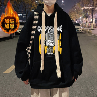 冬季男生青少年加绒连帽卫衣男潮牌初中高中学生加厚带帽衫秋冬款