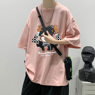 夏季男生青少年粉色5分短袖t恤男初中高中学生上衣服潮流纯棉大码