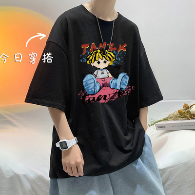 夏季男青少年初中学生纯棉T恤宽松潮牌卡通印花短袖体恤休闲上衣