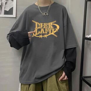 春秋款 假两件t恤重磅宽松男中学生潮牌纯棉体桖小衫 上衣 长袖 春季